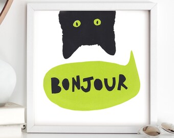 Bonjour Funny Black Cat Wall Art, Printable