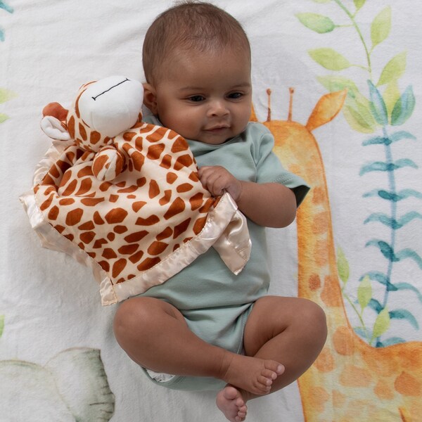 Keepsake giraffe lovey security blanket plush toy, safari/jungle theme for baby showers, new pet gift, new baby gift, gender neutral gift