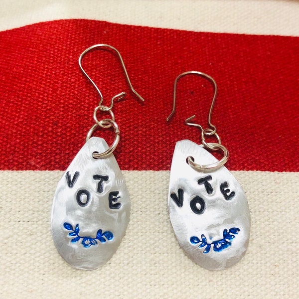 Vote earrings—teardrop dangling—upcycled soda can aluminum hand stamped with election message—lightweight—gift for activist—student gift