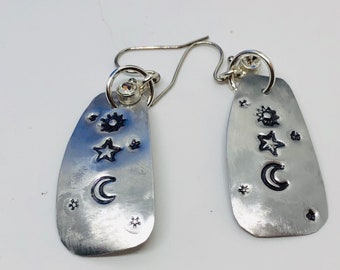 Celestial earrings—moon and star and sun earrings—stellar and lunar jewelry—upcycled aluminum earrings—gift for her—gift for student