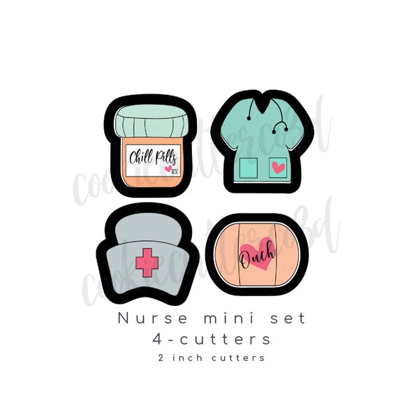 Nurse/dr/medical- mini set of 4- pill bottle, scrub top, Band-Aid/pill, nurse hat  cookie cutter, fondant cutter, clay cutter