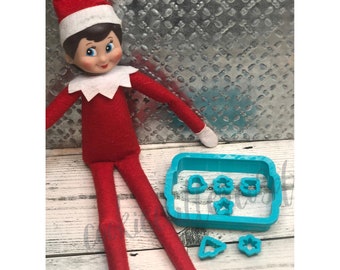 Elf baking set- 7 cutter set- tray- star-bell-tree-gingerbread man-stocking-snowflake-tiny cutter cookie cutter, fondant cutter, clay cutter