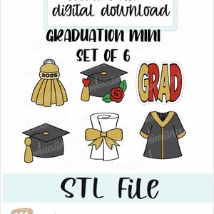 ARCHIVO STL: juego de 6 cortadores de galletas con forma de birrete de graduación, birrete de graduación con flor, borla, diploma, toga y palabra "graduado"