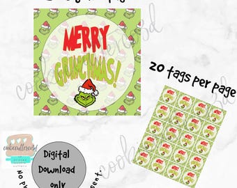 Cookie tags-2in and 2.5in &quot;Merry Grinchmas&quot; instant download printable Christmas