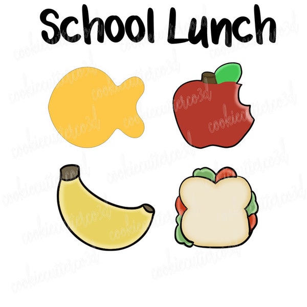 School lunch mini set- apple, banana, gold fish, sandwich cookie cutter, fondant cutter, clay cutter