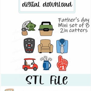 STL-BESTAND-Vaderdag set van 8 minikoekjes uitstekers-leunstoel-vishengel-doos-afstandsbediening-golfclubs-golfkar-shirt-schuimvinger- set van 8
