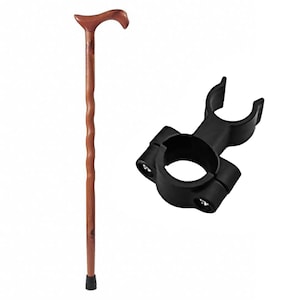 May include: A brown wooden walking stick with a curved handle and a black rubber tip. A black plastic cane holder is also included.