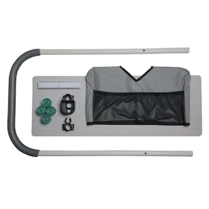 May include: A set of gray and black stroller accessories including a storage bag with a mesh pocket, a gray bar, a white bar, a black clamp, a black and white piece, and four green caps.