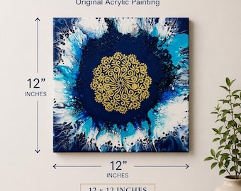 Azure Radiance Acrylic Painting: Navy Turquoise Mandala Art (12x12 Inch)