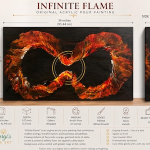 May include: An original acrylic pour painting titled Infinite Flame, featuring a fiery red, orange, and white infinity symbol on a black background with golden rings at the center. The canvas measures 36 inches by 24 inches by 0.75 inches.