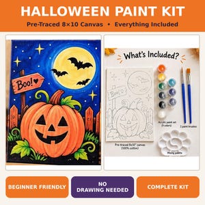 May include: A Halloween paint kit featuring an 8x10 inch pre-traced canvas of a jack-o'-lantern, a full moon, and bats. The kit includes nine acrylic paint pots, two paint brushes, and a white flower-shaped mixing palette for painting.