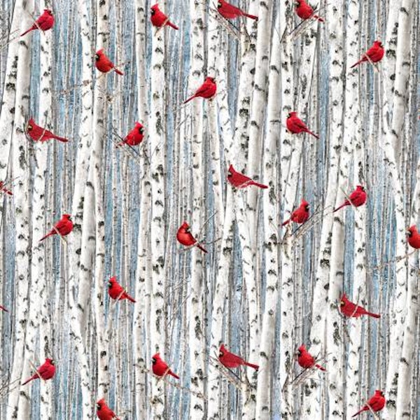 Birch Trees with Winter Cardinals, Timeless Treasures, #c7870-wht, 16 inch remnant