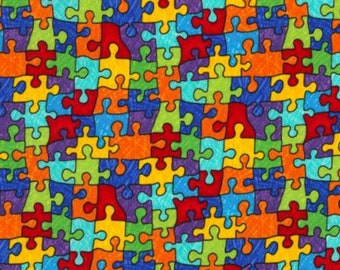 1 Half Yard 18 x 42 Puzzle Pieces Ribbons Autism Awareness Cotton Fabric DIY Mask Making
