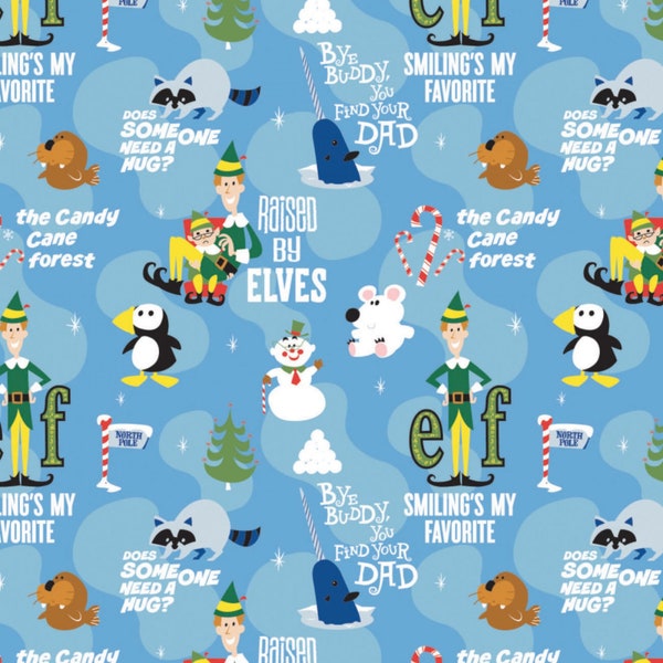 Elf Movie Moments # 23130114-1, Elf on blue cotton  fabric, Christmas Holiday, quilting, sewing