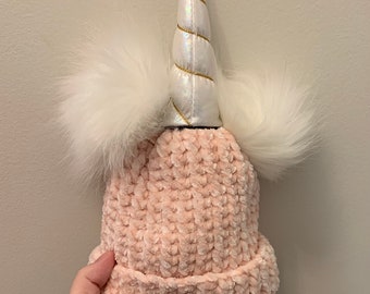 Baby Unicorn Hat Double Pom Velvet Beanie fits 3-12 months