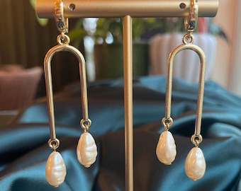 Modern Gold Arch Earrings - Long U-Shape Dangles - Faux Pearl Jewelry - Minimalist Bridal Earrings - Statement Drop Earring