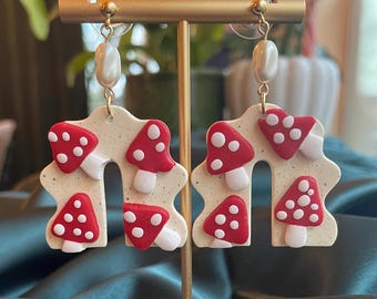 Whimsical Mushroom Arch Earrings - Cottagecore Mushroom Earrings - Red Toadstool Clay Dangles - Whimsical Polymer Clay Arch Earrings - Speck