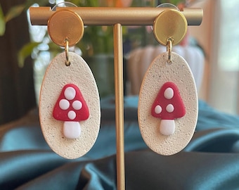 Minimalist Mushroom Dangle Earrings - Cottagecore Toadstool Clay Jewelry - Small Oval Statement Earrings -