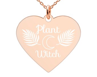 Plant Witch Engraved Silver Heart Necklace - Witch, Wicca, Green Witch Pendant - 18" Chain - Rhodium, 24K Gold or 18K Rose Gold