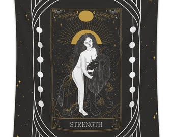 Strength Tarot Tapestry - Celestial, Astrology, Occult Tarot Card, Tarot Cloth Design - Witch Altar Cloth - Tapestry Wall Hanging Art