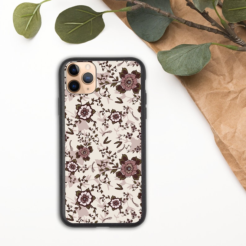 Eco Friendly! Rustic Blush Floral Pattern Biodegradable iPhone case Pink with Green Flowers Original Hand Drawn Artwork Accessory