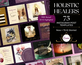 Holistic Wellness Instagram Posts & Stories Templates - Reiki Healing, Yoga, Spiritual, Crystals - FREE IG Highlights - Edit in Canva Free