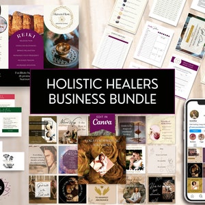 May include: A digital marketing bundle for holistic healers, featuring a variety of templates and resources for social media, branding, and client engagement. The bundle includes a tri-fold brochure, business cards, social media graphics, and a guide to yoga for spiritual alignment. The text "HOLISTIC HEALERS BUSINESS BUNDLE" is displayed in a black banner.