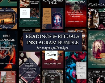 May include: A collage of Instagram posts promoting readings and rituals for magic spellworkers. The posts feature images of tarot cards, crystals, candles, and other magical items. The text on the posts includes phrases like "Heal Emotional Pain", "Connect with Your Inner Power", and "Domination Spell".