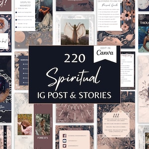 May include: A collage of 220 Instagram post and story templates with a dark blue background and pink and white floral designs. The text "220 Spiritual IG Post & Stories" is in white text on the dark blue background. The text "Edit in Canva" is in white text on a pink background.