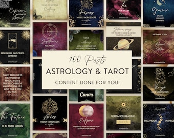 May include: A collage of 16 social media post templates for astrology and tarot readings. The templates feature a dark background with gold accents and celestial imagery. The text on the templates includes phrases like "Weekly Horoscope", "Full Moon", "Guidance Reading", and "Angel Number".