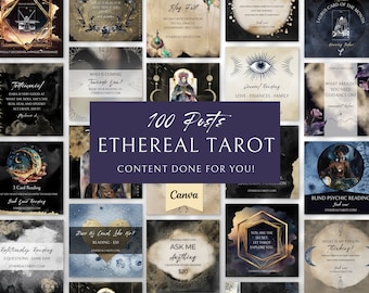 May include: A collage of 16 social media posts for an online tarot reading business called Ethereal Tarot. The posts feature a variety of watercolor backgrounds with gold accents, celestial imagery, and text that promotes different types of tarot readings, including general readings, love readings, and psychic readings.
