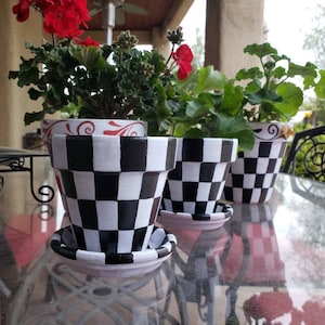 4" Checkered Planter, Painted Herb Pot, Terra cotta flower pot, Checkered Lip and Base, Indoor Outdoor Decor, Whimsical Planter