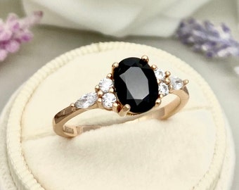 Art Deco 14K Rose Gold Oval Natural Black Onyx Ring Round And Marquise Simulated Diamond Engagement Wedding Promise Ring Silver Onyx Ring