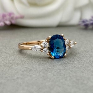 Rose Gold Art Deco Oval Natural London Blue Topaz Ring Round And Marquise Simulated Diamond Sterling Silver Engagement Wedding Promise Ring