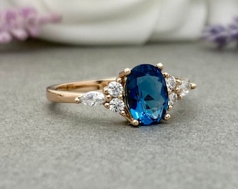 Rose Gold Art Deco Oval Natural London Blue Topaz Ring Round And Marquise Simulated Diamond Sterling Silver Engagement Wedding Promise Ring