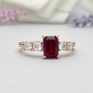 Rose Gold Emerald Cut Red Ruby Engagement Ring Round Simulated - Etsy