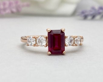 Rose Gold Emerald Cut Red Ruby Engagement Ring Round Simulated Diamond Five Stone Art Deco Sterling Silver Lab Red Ruby Wedding Ring