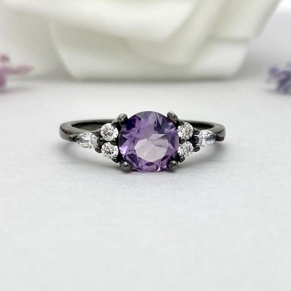 Round Purple Amethyst 14K Gold Black Rhodium Round And Marquise Simulated Diamond Engagement Wedding Promise Ring Natural Amethyst Ring