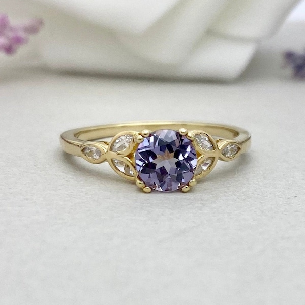 Round Cut Lavender Lab Sapphire Yellow Gold Marquise Simulated Diamond Engagement Ring Sterling Silver Art Deco Lab Sapphire Wedding Ring