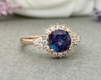 Rose Gold Round Alexandrite Ring Simulated Diamond Halo Engagement Ring Sterling silver Art Deco Lab Alexandrite Wedding Promise Ring