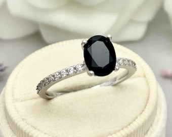 Oval Black Onyx Wedding Ring Art Deco Round Simulated Diamond Sterling Silver Hidden Halo Engagement Promise Ring Natural Black Onyx Ring