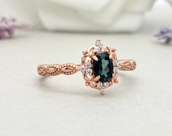 Vintage Rose Gold Oval Natural Indicolite Blue Tourmaline Simulated Diamond Engagement Ring Art Deco Teal Tourmaline Halo Wedding Ring
