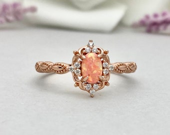 Oval Pink Fire Opal Rose Gold Vintage Simulated Diamond Sterling Silver Engagement Ring Art Deco Lab Pink Opal  Halo Wedding Promise Ring