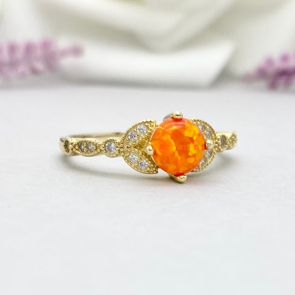 Round Orange Fire Opal Yellow Gold Art Deco Ring Floral Sterling Silver Simulated Diamond Wedding Engagement Ring 14K Gold Ring