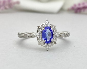 Vintage Oval Tanzanite Simulated Diamond Sterling Silver Engagement Ring Art Deco Natural Blue Tanzanite Halo Wedding Promise Ring