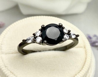 Round Black Onyx 14K Gold Black Rhodium Round And Marquise Simulated Diamond Engagement Wedding Promise Ring