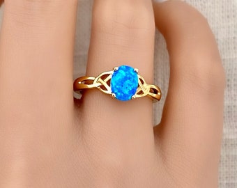 Blue Opal Ring Blue Opal Celtic Ring Yellow Gold Opal Ring Sterling Silver Oval Opal Ring Celtic Engagement Ring Opal Women's Wedding Ring