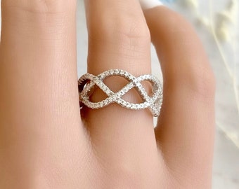 Infinty Criss Cross Round Simulated Diamond Pave CZ Band 925 Sterling Silver Trendy Intertwined Ring