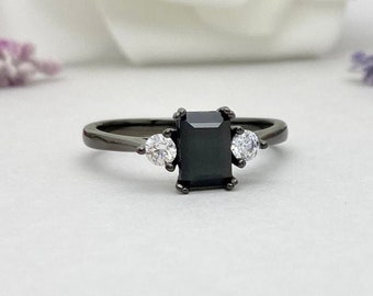 Three Stone Emerald Cut Black Onyx Art Deco 14K Gold Black Rhodium Ring Round Simulated Diamond Engagement Promise Ring Black Wedding Ring