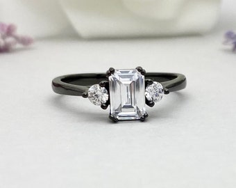 Three Stone Emerald Cut Art Deco 14K Gold Black Rhodium Ring Round Simulated Diamond Engagement Wedding Promise Ring Black Wedding Ring